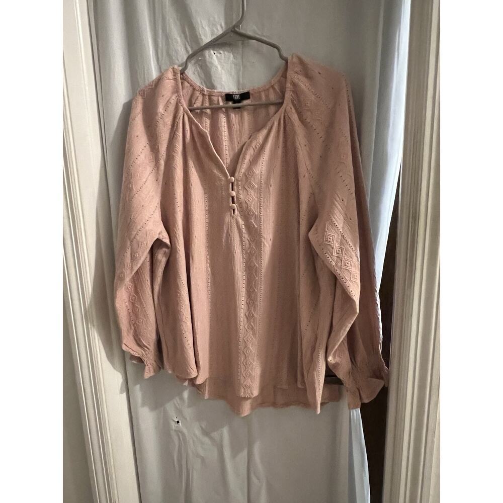 Frye Pink Long Sleeve Embroidered V Neck Peasant Top Sz L